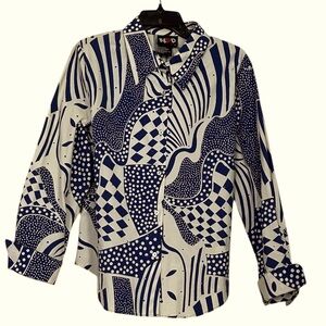 Redd Jeans Abstract Blue & White Button-Up Sequins Long Sleeve Cotton Size 10